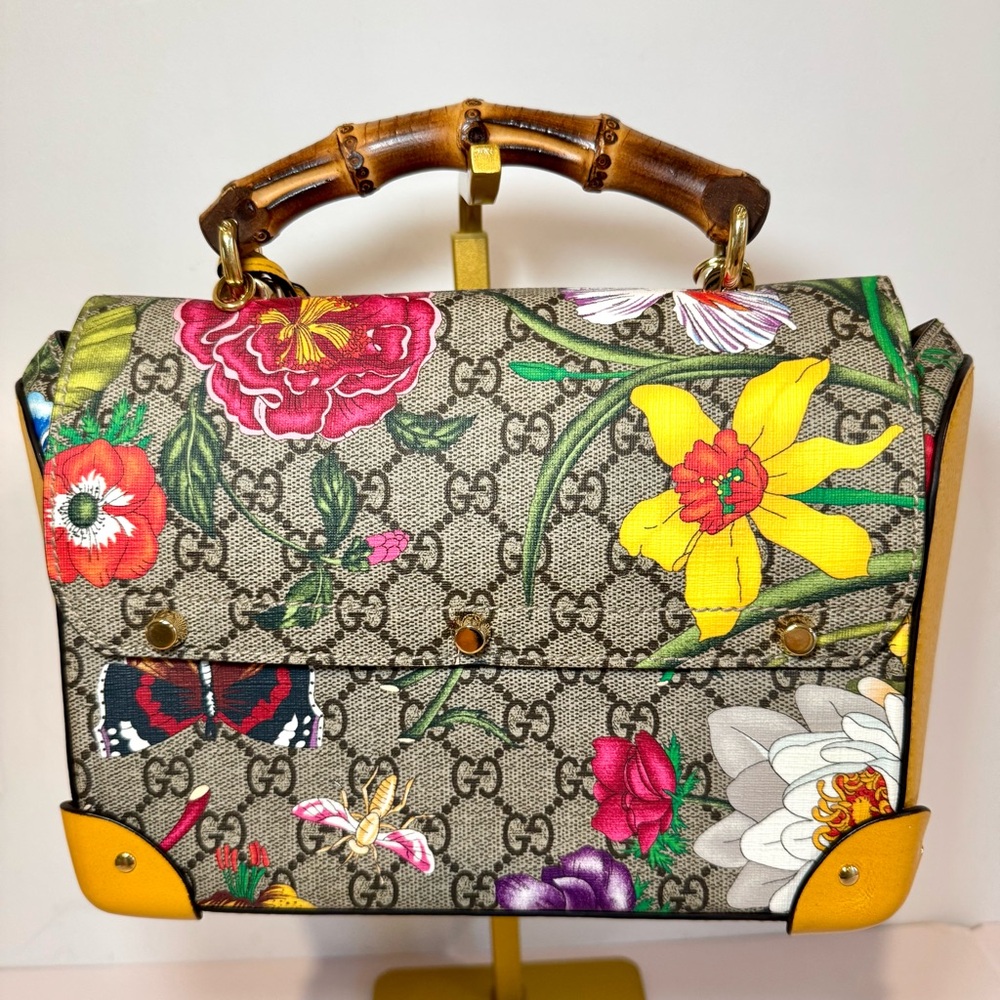 Gucci GG Supreme Monogram Logo Flora Yellow Small Padlock Bamboo Bag W Crossbody - Picture 5 of 16